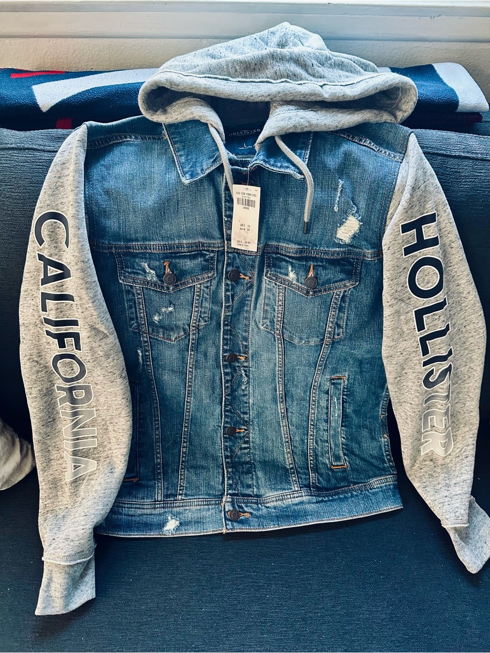Hollister Blue Denim Jacket with Gray Hooded Sleeves - California Sleeve Graphic